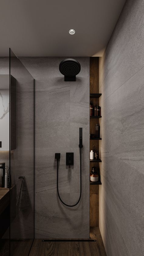 Bahtroom design Bathroom Grey And Wood, Wood And Grey Bathroom, Warm Grey Bathroom, Brown And Grey Bathroom, Brown Concrete Bathroom, Light Wood Bathroom, Microcement Shower Room, Black Stone And Wood Bathroom, Gray Bathroom Ideas