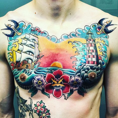 Nautical traditional chest tattoo. Lighthouse Tattoo Chest, Nautical Stomach Tattoo, American Traditional Tattoos Chest Piece, Traditional Nautical Chest Tattoo, Men’s Traditional Chest Piece, Naval Tattoos, Traditional Chest Tattoo, Full Chest Tattoos, Places To Get Tattoos