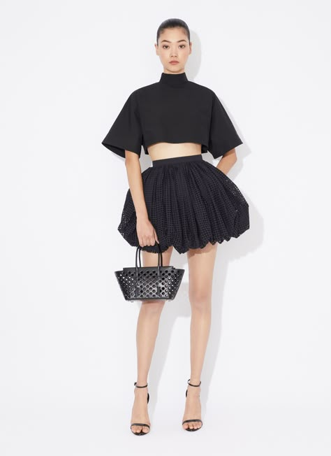 ALAÏA Women's Black COTTON POPLIN HIGHNECK TOP | ALAÏA US Top And Mini Skirt Outfit, Alaia Outfit, Alaia 2023 Fall, Bubble Skirt Styling, Bubble Skirt Outfit, Alaia Gown, Alaia Skirt, Alaia Mini Dress, Alaia Runway 2024