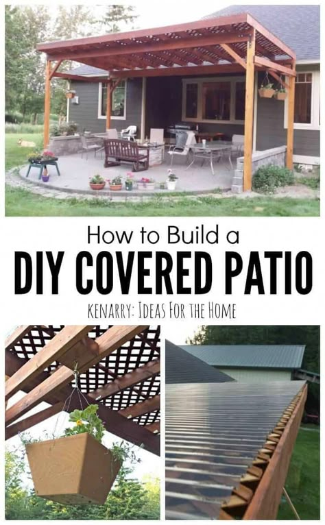 Beautiful idea for your backyard! How to build a DIY covered patio using lattice and wood to create a little shade from the sun. Diy Covered Patio, Diy Patio Cover, Backyard Covered Patios, Covered Patio Design, Outdoor Covered Patio, Diy Backyard Patio, Patio Pergola, Pergola Design, Budget Patio