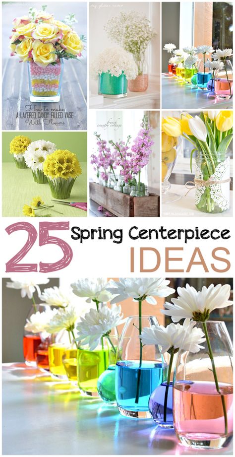 25 Spring Centerpiece Ideas.  Great ideas, pictures, centerpiece designs and tutorials. Spring Party Table Decor, Spring Fling Party Decorations, Spring Flower Centerpieces, Spring Centerpieces Diy, Spring Centerpiece Ideas, Spring Table Centerpieces, Spring Centerpieces, Banquet Centerpieces, Plant Centerpieces