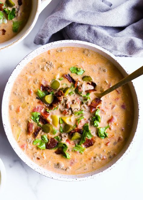 Bacon Cheeseburger Soup (Dairy-Free, Paleo) - Wholesomelicious Dairy Free Cheeseburger Soup, Keto Bacon Cheeseburger, Food Rocks, Paleo Soups, Bacon Cheeseburger Soup, Pizza Soup, Keto Bacon, Dairy Free Soup, Cheeseburger Soup