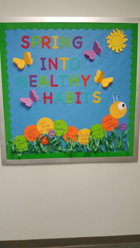 Spring School Nurse Bulletin Board Ideas, School Clinic Room, Nursing Home Bulletin Board Ideas, Spring Bulletin Board Ideas, School Nurse Posters, School Cafeteria Decorations, Cafeteria Bulletin Boards, Nutrition Bulletin Boards, Physical Education Bulletin Boards