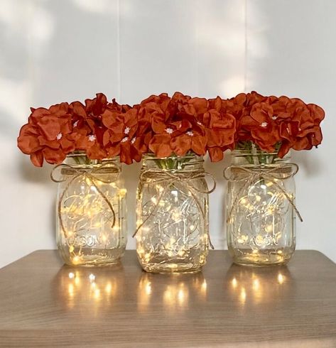 Fall Wedding Centerpieces Lighted Wedding Decor Mason Jar Boho Orange Event Centerpiece Fall Bridal Shower Decor for Wedding Reception - Etsy Fall Wedding Flowers October Centerpiece Ideas, Fall Themed Centerpieces Wedding, Budget Fall Wedding, Fall Theme Bridal Shower Decorations, Burnt Orange Centerpieces, Burnt Orange Wedding Centerpieces, Fall Wedding Shower Decorations, Fall Reception Decor, Fall Engagement Party Ideas