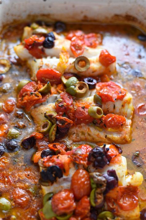 Greek Style Fish Recipe, Mediterranean Cod Recipes, Cod Provencal, Healthy Cod Fish Recipes, Greek Cod, Cod Tomato Recipe, Greek Fish Recipe, Greek Seafood, Saffron Aioli