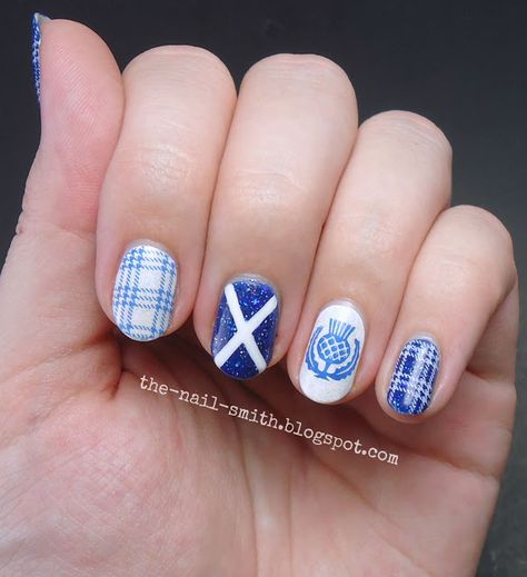 Nails For Scotland, Scottish Flag Nails, Scotland Inspired Nails, Scotland Nail Design, Scottish Themed Nails, Scotland Nails Art, Scottish Nail Designs, Scottish Nail Art, Scottish Nails