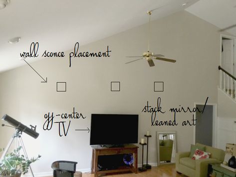 tv_wall_tips How To Style Vaulted Walls, Sconces Above Tv, Tv Wall Decor Tall Ceilings, Vaulted Ceiling Decor Living Room, Wall Sconces Living Room Beside Tv, Large Accent Wall Living Room With Tv, Living Room Tv Wall Vaulted Ceiling, Off Center Tv Wall Mounted Tv, Tv Wall Design Vaulted Ceiling