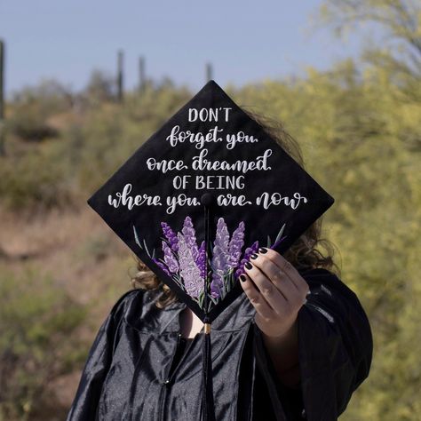 "**Please note that only the wording is customizable with this listing. If you are wanting the colors changed, different elements, different flowers, or anything else that changes the design please contact the shop before purchasing.** Our gorgeous Machine embroidered Grad Caps is a perfect way to top off your BIG DAY!   Each design is hand-drawn then digitized and lovingly embroidered to create your special unique cap.   We use quality fabrics and treads to ensure that your cap will remain a wo Graduation Cap Designs Grad School, Cap Decoration Graduation Business Major, College Grad Cap Ideas Simple, Wildflower Graduation Cap, Library Graduation Cap, Embroidered Grad Cap, Grad Cap Ideas Bookworm, Bachelor Cap Decoration, Short Quotes For Graduation Caps