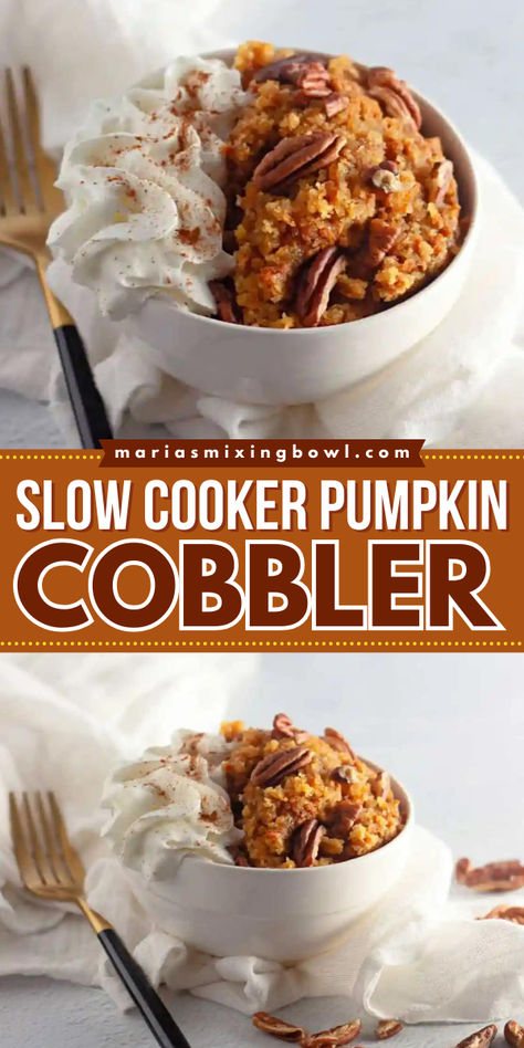 Look forward to this Slow Cooker Pumpkin Cobbler! Made with a cake mix topping and optional pecans, this pumpkin idea is an easy Thanksgiving dessert everyone will love. Serve this crockpot cobbler recipe at your Thanksgiving dinner party! Pumpkin Slow Cooker Dessert, Pumpkin Dump Cake Slow Cooker, Halloween Party Crockpot Recipes, Crockpot Pumpkin Cobbler With Spice Cake, Pumpkin Pie Cobbler Crockpot, Crockpot Fall Dessert Recipes, Crock Pot Fall Desserts, Thanksgiving Dessert Crockpot, Crockpot Desserts Easy Cake Mixes