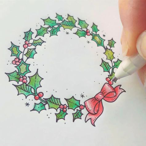 Garland Drawing, Christmas Pictures To Draw, Johanna Basford Christmas, Easy Christmas Drawings, Wreath Drawing, Christmas Doodles, Christmas Card Art, Card Drawing, Pretty Christmas