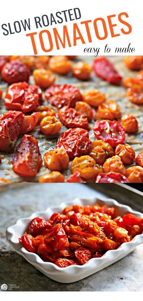 Slow Roasted Tomatoes Recipe | Olive Oil, garlic, sea salt and brown sugar! Whole Cherry Tomatoes and regular tomatoes | easy to make | TodaysCreativeLife.com Healthing Eating, Roasted Tomatoes Recipe, Slow Roasted Tomatoes, Tomatoes Recipes, Tomatoes Recipe, Olive Oil Garlic, Vegan Kitchen, Tomato Recipes, Recipe For Mom