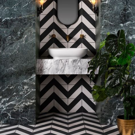 Black And White Tiles Bathroom, Monochrome Bathroom, Black And White Bathroom, White Wall Tiles, White Bathroom Tiles, Washroom Design, Bad Inspiration, Bathroom Paint Colors, Black And White Tiles