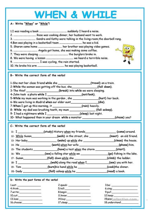 WHEN & WHILE EXERCISE INCLUDING ANSWER KEY - English ESL Worksheets for distance learning and physical classrooms Past Continuous, English Grammar Exercises, Grammar Check, Past Simple, Grammar Exercises, English Exercises, English Grammar Worksheets, Grammar Practice, English Worksheets For Kids