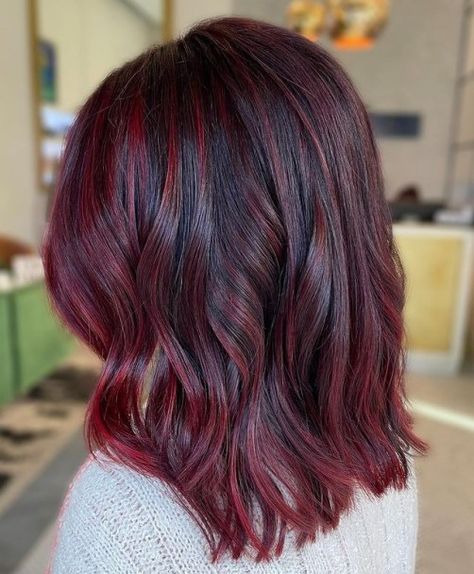 Dark Hair with Vibrant Burgundy Highlights Coloured Straight Hair, Dark Red Medium Length Hair, Red Colour Hair Ideas, Burgundy Hair With Red Highlights, Burgundy Hair Short, Burgundy Balayage Hair, Burgundy Highlights On Dark Hair, Red Highlights Hair, Highlights Hair Ideas