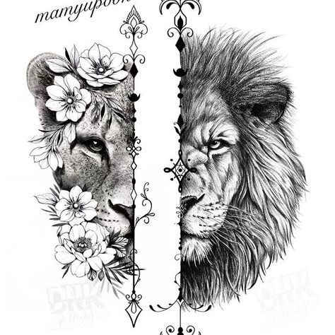 Couples Lion Tattoo, Lion And Lioness Tattoo, Partner Tattoos, Tier Tattoo, Lioness Tattoo, Couple Tattoos Unique, Couples Tattoo Designs, Leo Tattoos, Lion Tattoo Design