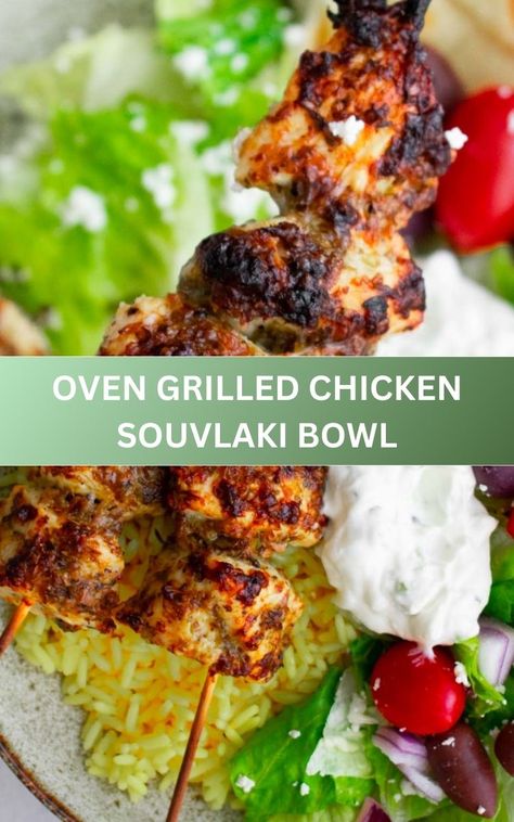 Oven Grilled Chicken Souvlaki Bowl, rice bowl recipe, chicken souvlaki recipe, chicken souvlaki skewers Sheet Pan Chicken Souvlaki, Chicken Solvocki, Oven Souvlaki, Baked Chicken Souvlaki, Chicken Souvlaki Oven, Chicken Souvlaki Rice, Souvlaki Bowl, Greek Yogurt Chicken Recipes, Souvlaki Skewers