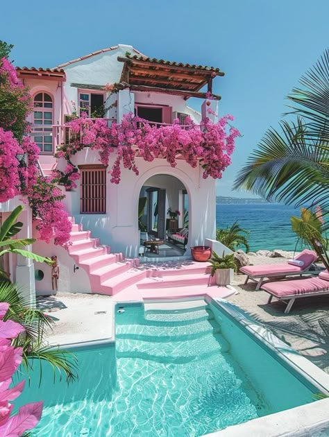 Caribbean Homes Exterior, Malibu Dream House, Pink Beach House, Caribbean House, Florida Bungalow, Miami Beach House, Bahamas House, Bar House, Beach House Aesthetic