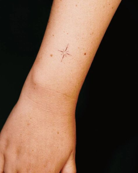 Micro Star Tattoo, Tattoo North Star, Star On Wrist Tattoo, Simple North Star Tattoo, North Star Tattoo Design, Fine Line North Star Tattoo, North Star Wrist Tattoos For Women, North Star Neck Tattoo, Minimalist North Star Tattoo