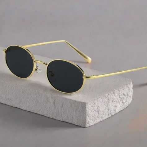 Gold Wire Frame Oval Black Tint Round Men's Women's Summer Glasses Vintage Hip Hop Fashion Unisex Trendy Retro 90's Shades Uv Protection Circle Sunglasses. High Quality Material: The Retro 90's Trendy Oval Dark Black Sunglasses Frame Constructed From Premium Polycarbonate Material, Ultra-Lightweight, Flexible, Yet Strong And Durable; Pc Lens Help Eliminate Reflected And Scattered Light, Restore True Color; Integrated Nose Pad Design Can Bring You A Stress-Free Wearing Experience. With These Dark Vintage Sunglasses Aesthetic, Protection Circle, Shades For Men, Summer Glasses, Circle Sunglasses, Nose Pins, Mens 90s, Vintage Hip Hop, Retro Glasses