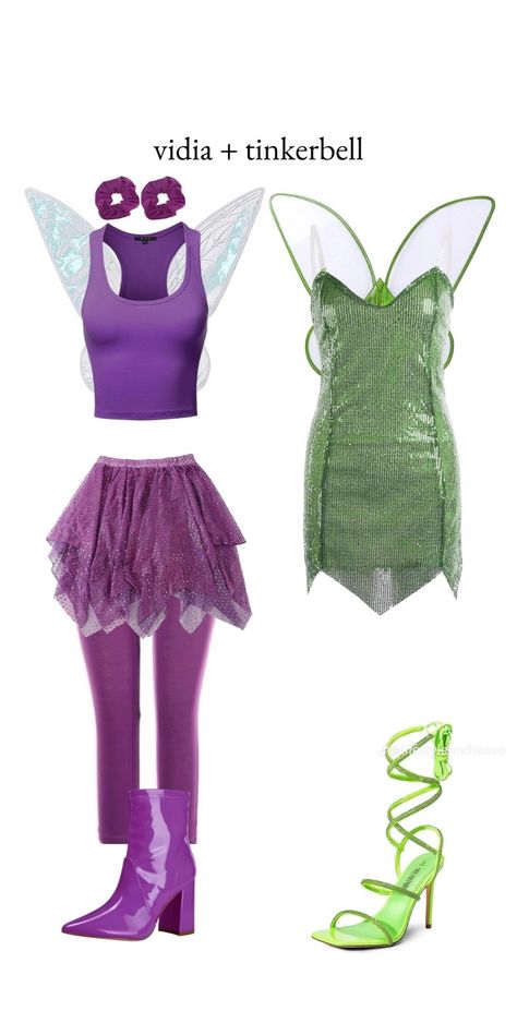 tinkerbell costume and vidia halloween or carnaval inspo. credits to @/lifestylefindsxoxo on tiktok Tinker Bell Vidia, Vidia Tinkerbell, Preppy Costume, Carnaval Inspo, Tinkerbell Halloween Costume, Girly Costumes, Tinkerbell Costume, Disney Halloween Parties, Halloween Duos