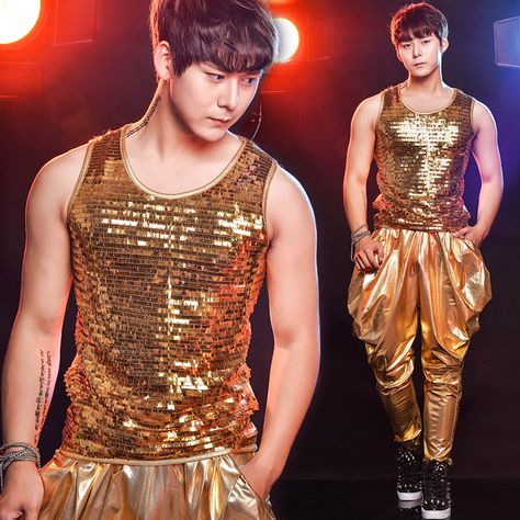 >> Click to Buy << New fashion Male singer DJ Gold Paillette DS Vest Costume set Nightclub party Jazz dancer stage show punk clothes  #Affiliate Disco Outfit Men, Coven Dress, Glitter Vest, Glitter Outfits, Leather Vests, Punk Clothes, F Men, Punk Men, Golden Garden