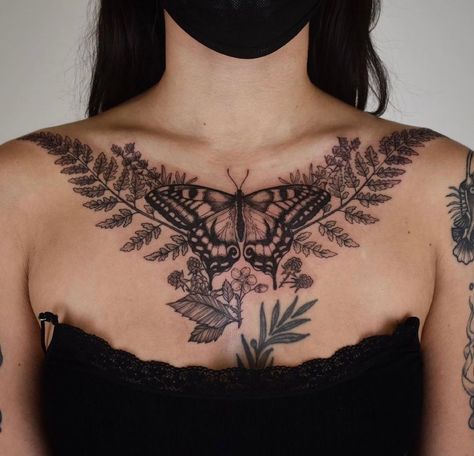 Moth Fern Tattoo, Fern Chest Tattoo, Plus Size Stomach Tattoo, Butterfly Chest Tattoo, Fern Tattoo, Nyc Tattoo, Scar Tattoo, Bug Tattoo, Wicked Tattoos