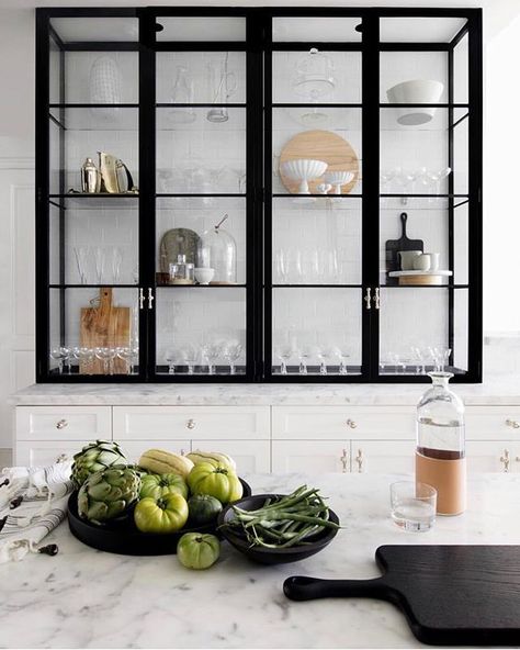 Kitchen shelving. Black glass storage for the kitchen. Framed Kitchen Cabinets, Glass Kitchen Cabinets, Marble Countertops Kitchen, Decor Ikea, Kitchen Cabinet Doors, Kitchen Remodeling Projects, Black Cabinets, Kitchen Trends, Boho Interior