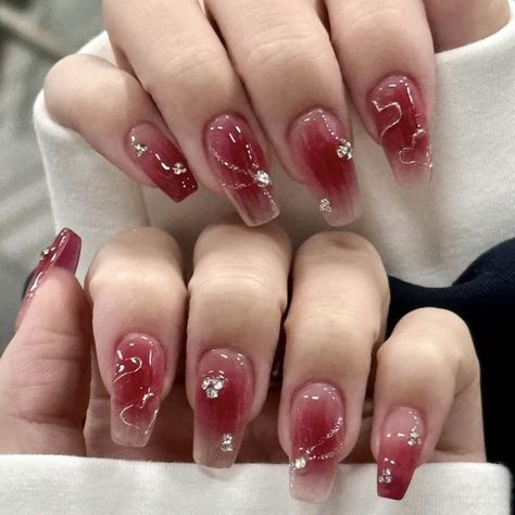 Fall Asian Nails, Red Nails Asian, Blush Gel Nails, Red Blush Nails, Red Korean Nails, Red Gradient Nails, Md Nails, Ombre Gel Nails, Red Ombre Nails