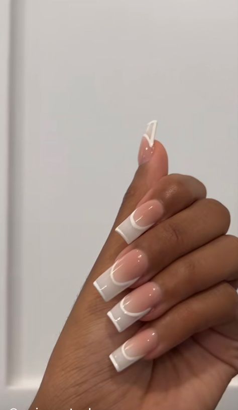 19 Birthday Nails Short, Square French Tip Outline Acrylic Nails, White French Tip Outline Acrylic Nails, Square French Tip Acrylic Nails With Pearls, C Shape Nails, Straight Square Nails, Pearl French Tip Nails Square, French Tip Colours, Kaeli Mae Nails