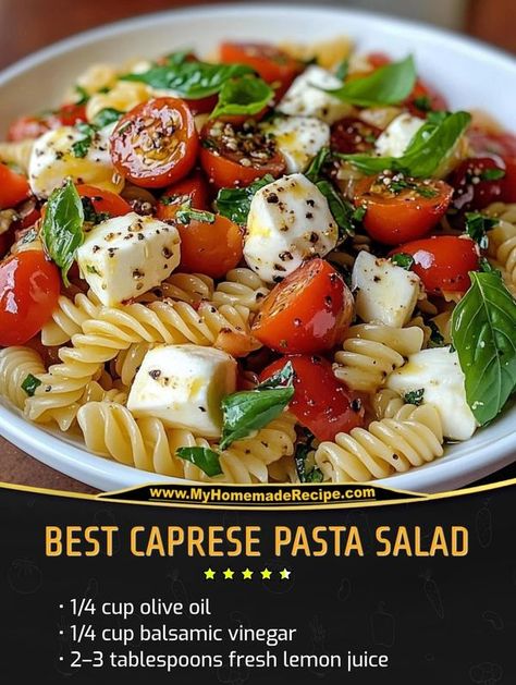 Pasta Salad With Olive Oil Dressing, Best Caprese Pasta Salad, Caprese Pasta Salad Recipes, Pasta Salad Ingredients, Olive Oil Dressing, Caprese Pasta Salad, Caprese Pasta, House Salad, Vinaigrette Dressing