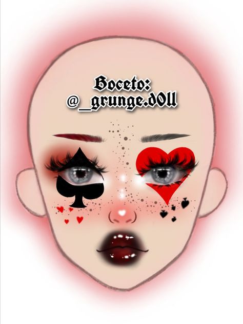 Cards Makeup Look, Card Makeup Look, Deck Of Cards Makeup, Card Makeup Halloween, Queen Of Cards Makeup, Playing Cards Makeup, Queen Of Hearts Costume Makeup, Cards In Face Makeup Halloween, Playing Card Makeup