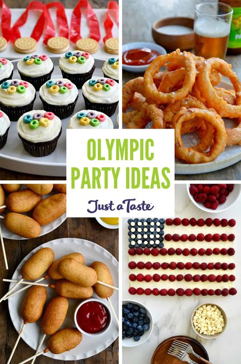 Olympic-Themed Party Ideas Olympic Theme Food Ideas, Olympic Snacks For Kids, Olympic Appetizers, Olympic Food Ideas, Olympic Party Ideas, Olympic Themed Snacks, Olympic Cupcakes, Olympic Desserts, Olympic Party Food