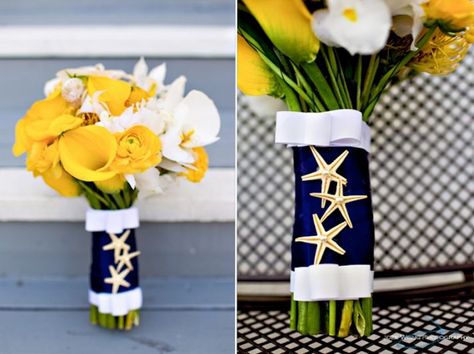 ALL ABOUT HONEYMOONS specializes in Honeymoon & Destination Wedding planning. For more info go to: www.cori.allabouthoneymoons.com. Become our FAN on Facebook: https://www.facebook.com/AAHsf    nautical wedding theme navy blue yellow wedding flowers bouquets Nautical Wedding Flowers, Yellow Wedding Flowers Bouquet, Blue Yellow Weddings, Nautical Wedding Inspiration, Fresh Flower Arrangement, Beach Wedding Decorations Reception, Yellow Wedding Flowers, Nautical Wedding Theme, White Wedding Bouquets