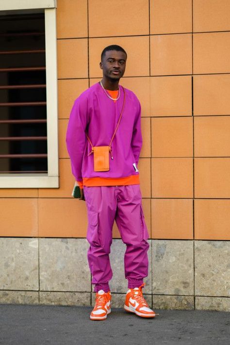 Neon Casual Outfits Men, Mens Monochromatic Outfit Pink, Bright Colour Outfit Men, Jewel Tone Outfits Men, Colorful Outfits For Men, Colorful Queer Fashion, Bright Color Men Outfit, Colorful Masculine Outfits, Bright Outfits Men