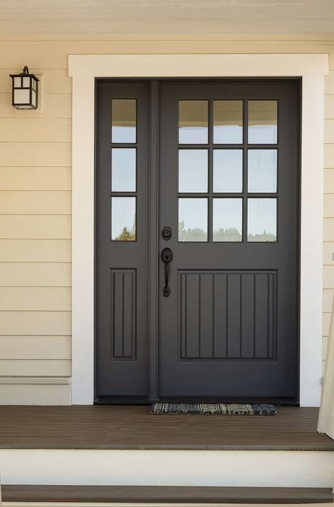 Black Front Door With Storm Door, Rancher Exterior, Back Door Ideas, Front Doors With Glass Panels, Patio Coverings, Door Update, Exterior Windows, Black Front Door, Dark Window