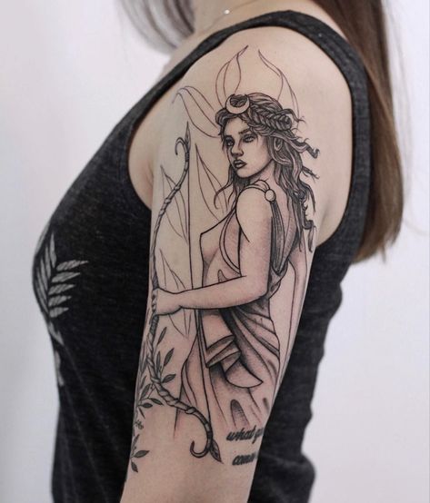 Greek Mythology Tattoos Artemis, Sagittarius Woman Tattoo, Diana Goddess Tattoo, Greek Goddess Tattoo Artemis, Goddess Diana Tattoo, Artemis And Apollo Tattoo, Artemis Tattoo Design, Sagittarius Goddess Tattoo, Tattoo Design Greek Mythology