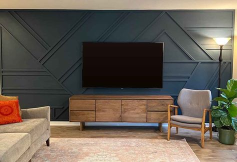 Blue Tv Wall, Accent Wall With Tv, Wall With Tv, Geometric Accent Wall, Room Accent Wall, Diy Accent Wall, Grey And Green, White Shelves, Tv Wall Design