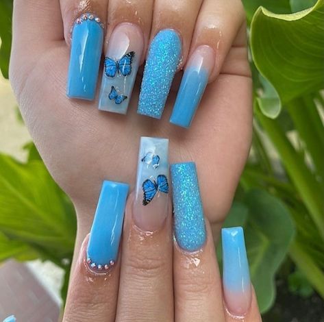 Blue Butterfly Nails, Interesting Nails, Blue Ombre Nails, Nails For Summer, Butterfly Nail Designs, Gold Acrylic Nails, Aesthetic Butterfly, Purple Acrylic Nails, Butterfly Nails