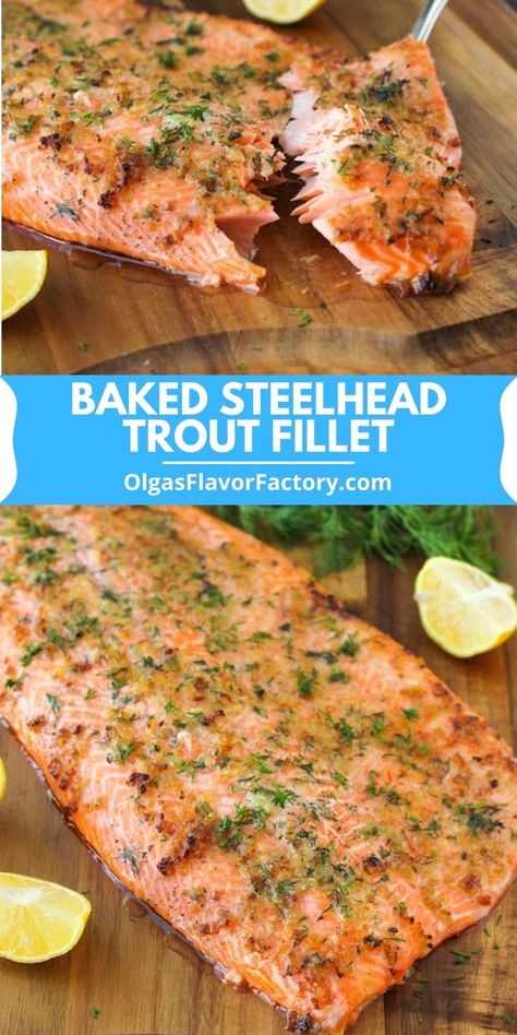 Baking a whole steelhead trout fillet is so simple but looks very impressive. Topped with shallots, garlic, lemon and fresh herbs – it’s so juicy and flavorful. You are guaranteed a delicious meal. Salmon can be used instead of steelhead trout, with excellent results. Baked Steelhead Trout, Steelhead Recipes, Steelhead Trout Recipe Baked, Steelhead Trout Recipe, Trout Fillet Recipes, Baked Trout, Trout Recipe, Seafood Dish Recipes, Steelhead Trout