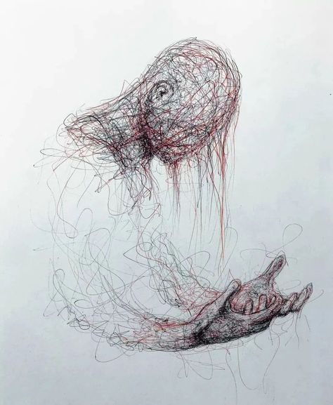 Surreal Pencil Drawings, Mental Heath Inspired, Humanoid Drawing, Tired Sketch, Apathy Art, Scribble Drawings, Stylo Art, Alevel Art, Scary Drawings