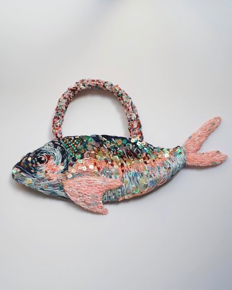 Fish Purse, Beaded Fish, Fish Bag, Formal Bag, Fish Beads, Unique Handbags, Embellished Bags, Hand Painted Fabric, Bead Embroidery Patterns