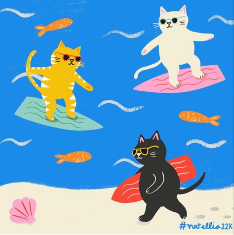 Cat Cooking Illustration, Summer Cat Drawing, Summer Cat Illustration, Funny Cat Illustration, Cat Surfing, Swimming Cats, Summer Drawings, Cats Art Drawing, Cat Summer