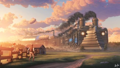 Fantasy Train, Steampunk Artwork, Train Art, Image Painting, Steampunk Art, Artist Websites, Dieselpunk, Fantasy Landscape, Fantasy World