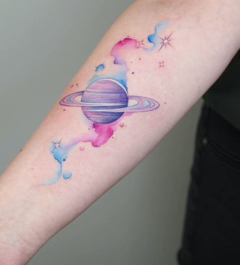 Small Galaxy Tattoos For Women, Colorful Constellation Tattoo, Watercolor Galaxy Tattoo, Planet Tattoo, Kawaii Planet, Galaxy Watercolor, Planet Tattoos, Galaxy Tattoo, Watercolor Galaxy