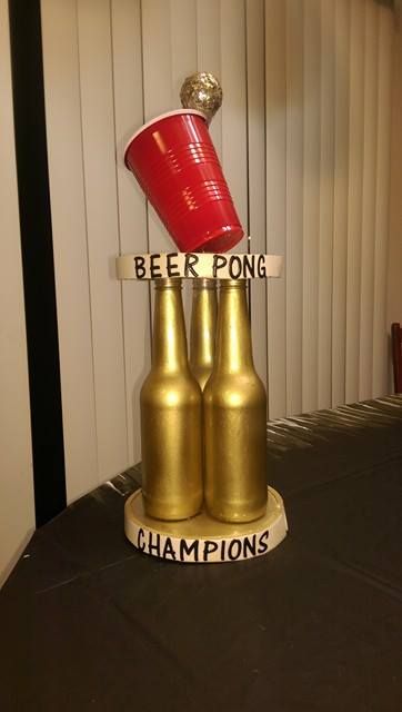 Made my own Beer Pong Trophy. Inspired by another pintrest image. Happy how it turned out and my friends love it. Beer Pong Trophy, 25 Birthday Decorations, White Trash Bash, 21 Party, White Trash Party, Beer Olympic, Trash Party, 21st Bday Ideas, Drinking Games For Parties