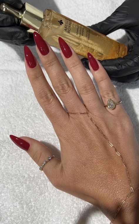 Red Badem Nails, Simple But Classy Nails, Deep Red Stiletto Nails, Cherry Stiletto Nails, Red Nails Pointy, Long Almond Red Nails, Red Stilletos Nails, Long Red Almond Nails, Red Pointy Nails