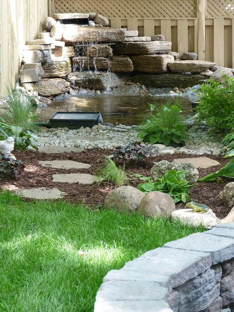 Corner Koi Pond Ideas, Corner Waterfall Backyard, Corner Pond Ideas, Corner Pond, Waterfalls Backyard Diy, Corner Waterfall, Backyard Diys, Fish Ponds Backyard, Small Garden Waterfalls