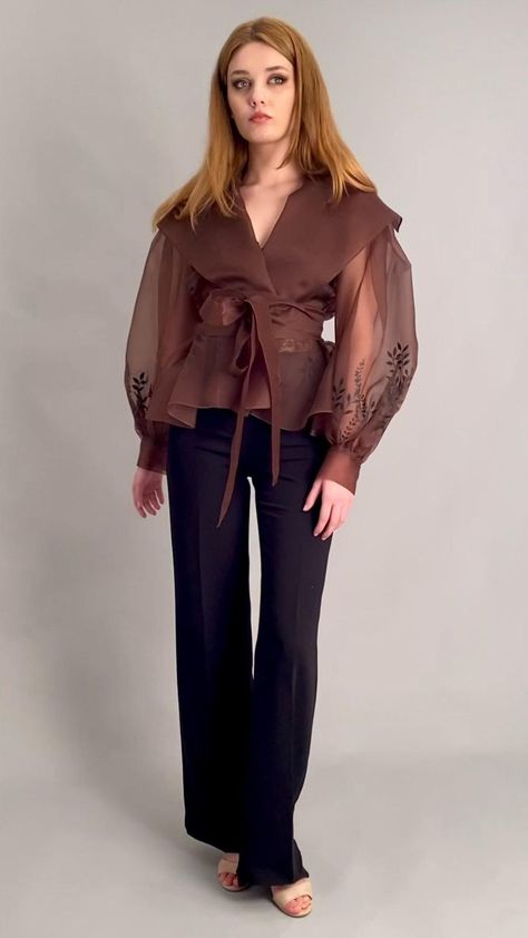 Silk Organza Jacket with hand painted details - Elegant Blouse - lantern sleeves in 2022 | Stylish dress book, Boutique dress designs, Sequins top outfit Sequins Top Outfit, Organza Jacket, Sequins Top, Blouse Casual Fashion, Beautiful Casual Dresses, Trendy Dress Outfits, Muslimah Fashion Outfits, Stylish Party Dresses, Boutique Dress Designs