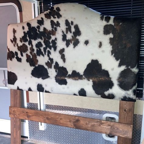 Real Cowhide headboard for my Western Chic Gals! Website coming soon! Message me for details. -Desireè Cowhide Behind Bed On Wall, Diy Cowhide Headboard, Western Headboard Diy, Cow Hide Headboard Beds, Cowhide Headboard, Western Headboard, Western Rooms Beds & Bed Frames, Western Bedroom Beds & Frames, Hidden Bed