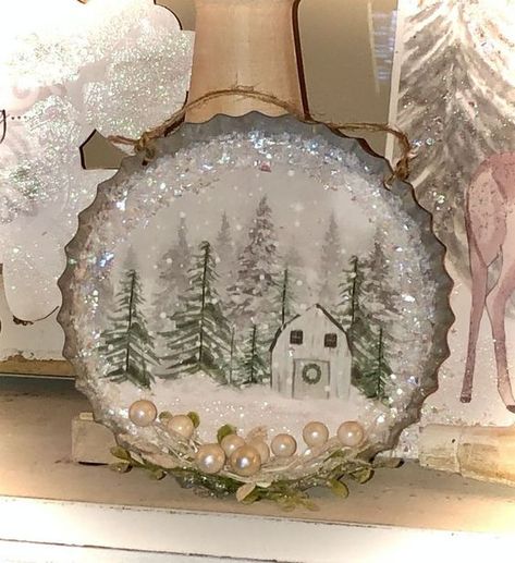 Tart Pan Ornaments, Dollar Tree Winter Decor Ideas Diy, Dollar Store Winter Crafts, Men Crafts Projects, Tart Pan Crafts, Fun Dollar Tree Crafts, Winter Craft Diys, Winter Craft Decor, Dollar Tree Wood Projects